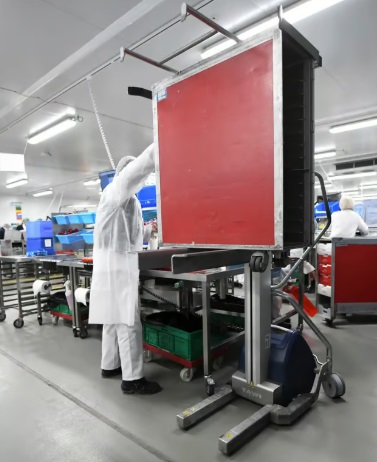 Manipulación de carritos de servicio para aviones Carretilla para manipulación de carritos de servicio para aviones en operaciones de catering aeronáutico
